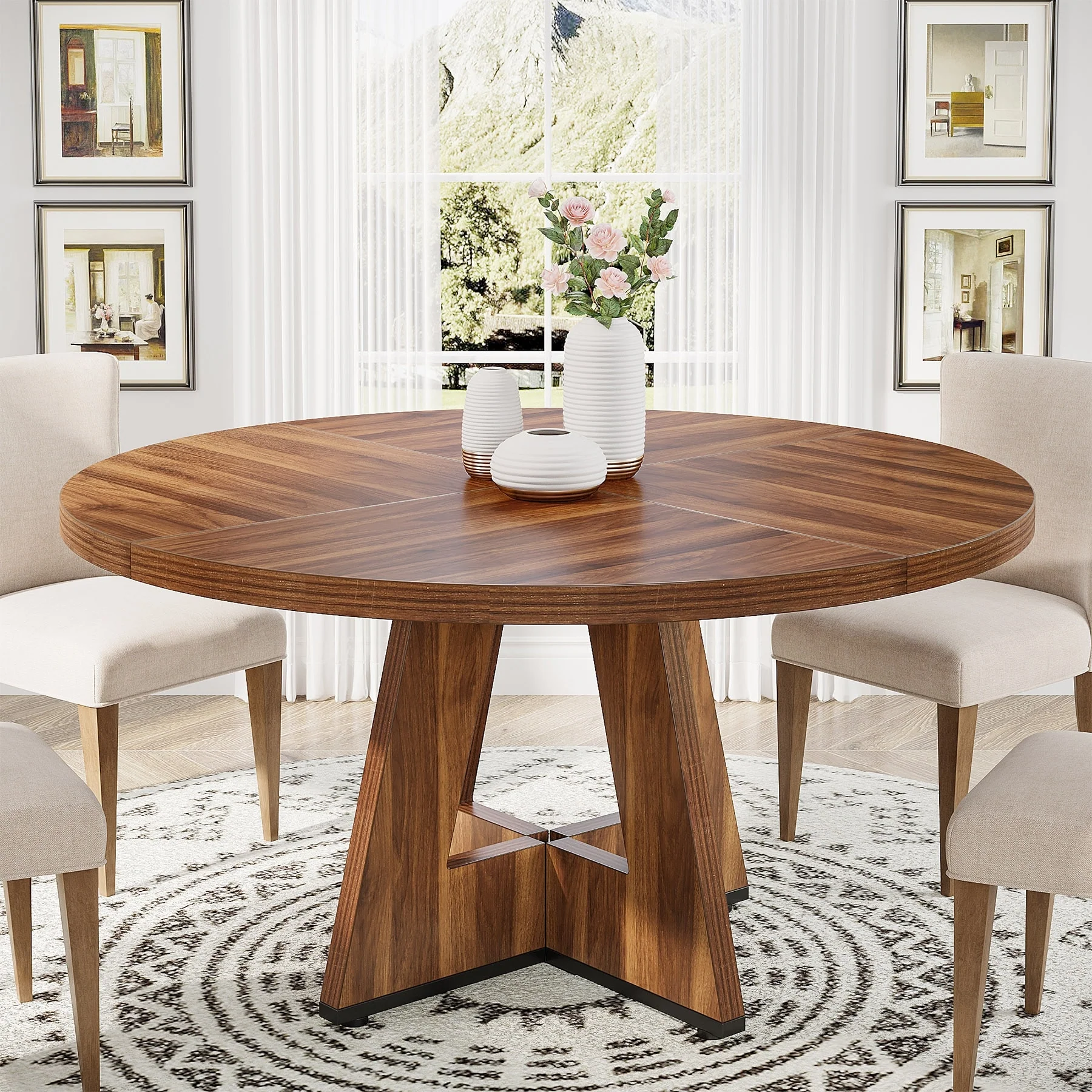 47 Inch Round Dining Table for 4, Wood Kitchen Dinner Table for Kitchen Dining Living Room - N/A