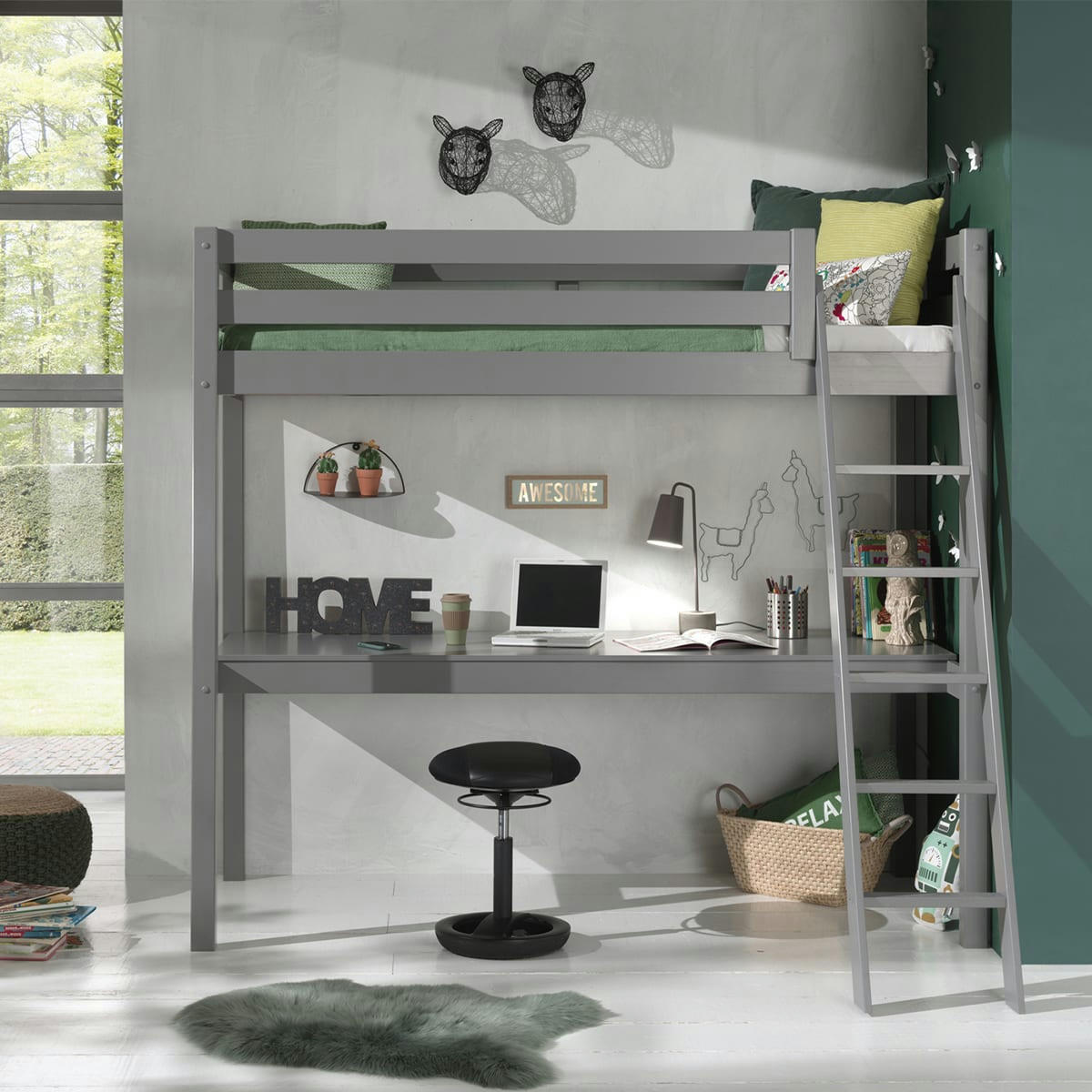 PINO - Lit mezzanine 90x200 sommier inclus bureau gris