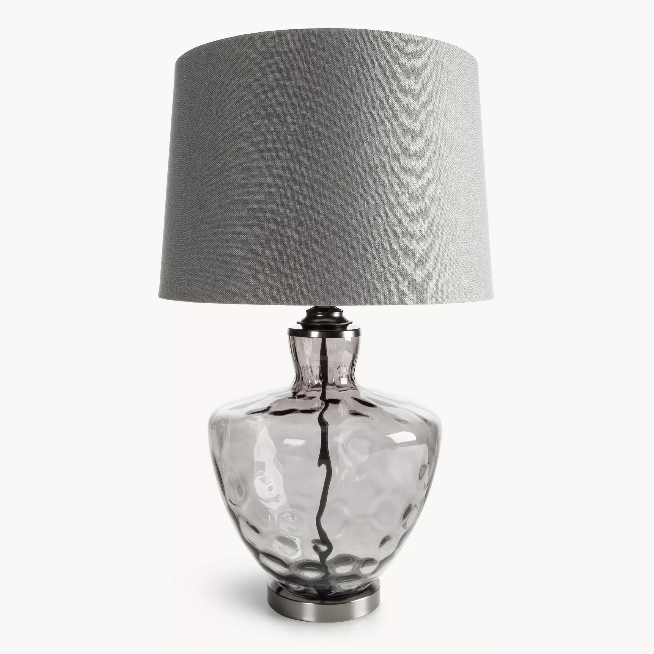 Lampa stołowa do pokoju srebrna ADELINE z lekko dymionego szkła i matowym abażurem