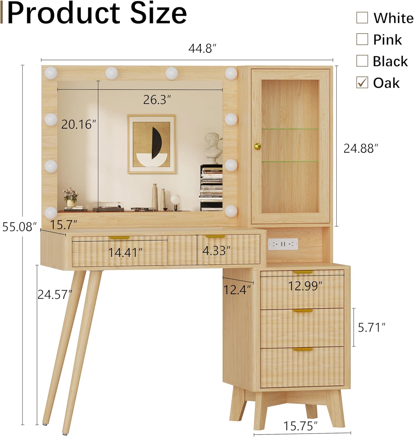 45'' Fluted Makeup Vanity Desk with LED Lights Mirror & Charging Station, Modern Glass Top Vanity Table with 5 Drawers & Glass Cabinet, Dressing Table for Bedroom, Living Room, Oak