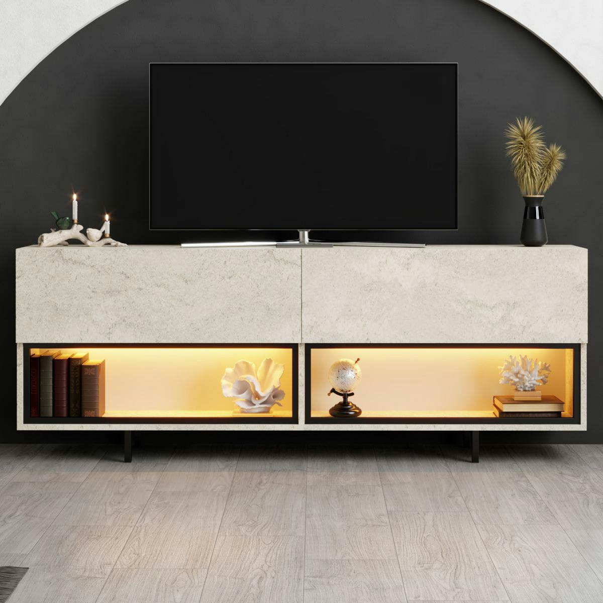 Meuble TV décor travertin 2 portes 2 niches LED AURA