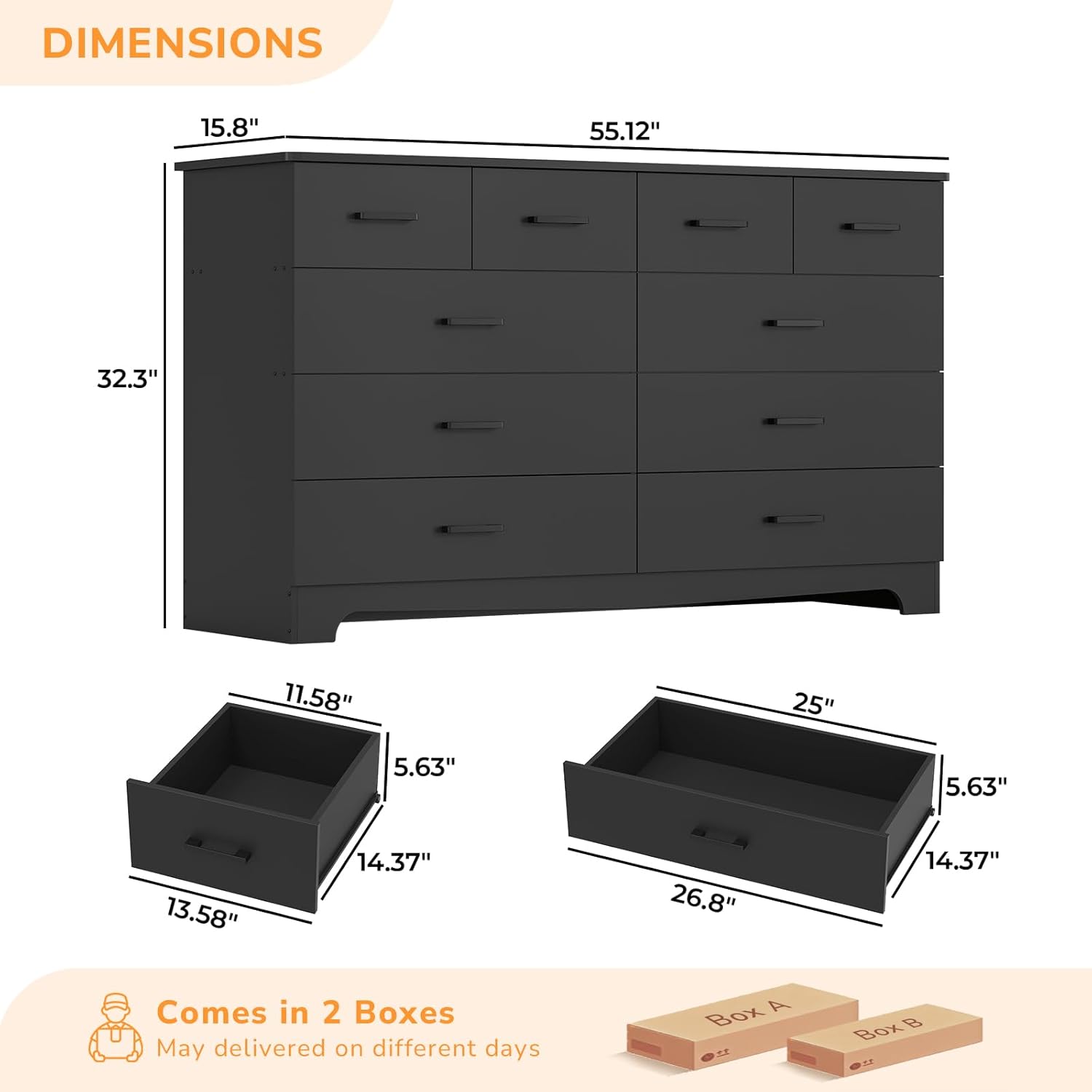 DICTAC Black Dresser for Bedroom with 10 Drawers, Large Chest of Drawers Storage Organizer, Long Dresser TV Stand with Power Outlets, Wide Dressers for Bedroom, Living Room 55.1 W x 32.3 H x 15.8 D