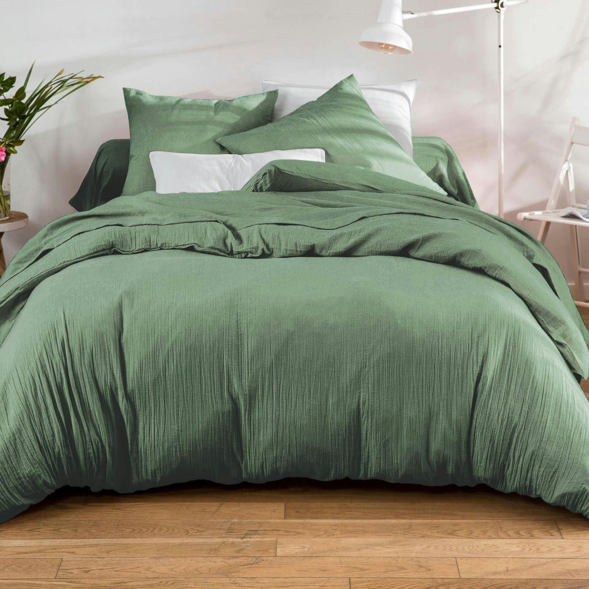 DOUBLE GAZE - Housse de couette 200x200 vert céladon en coton