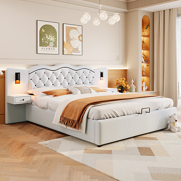 Lit 180x200 cm tapissé tissu effet lin beige avec tête de lit intégrée, coffre hydraulique et prises USB