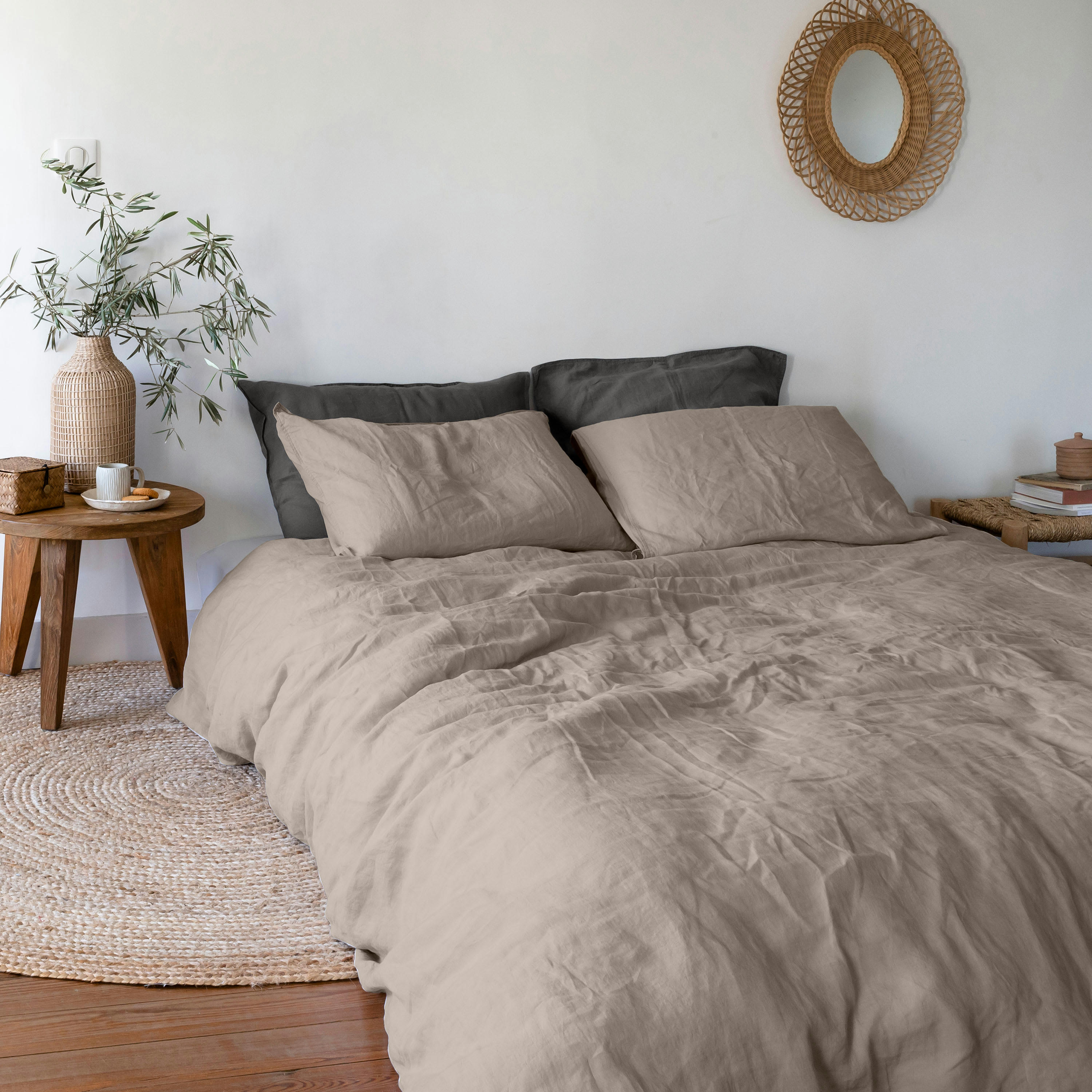 SONGE - Housse de couette lin et coton lavé uni beige 140 x 200 cm