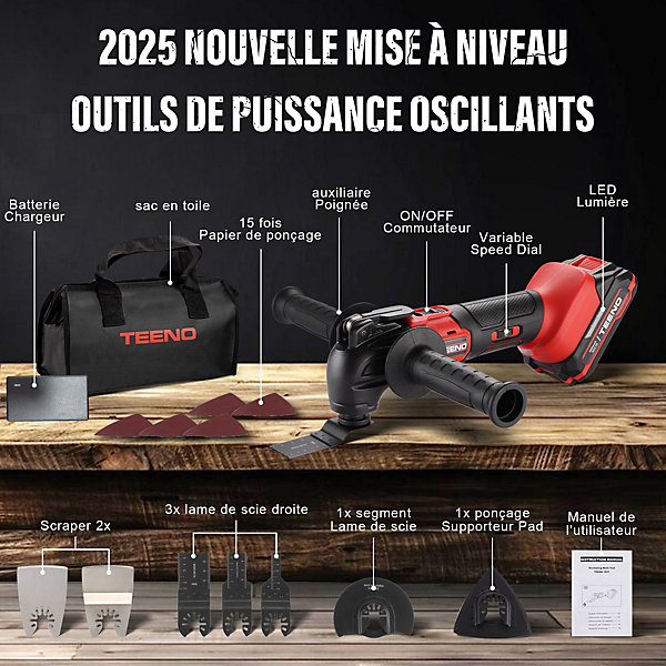 Outil Multifonction Oscillant 20V, Brushless Outil Multifonction Sans Fil avec 6 Vitesses Variables, 8500-21000RPM, Chargeur,