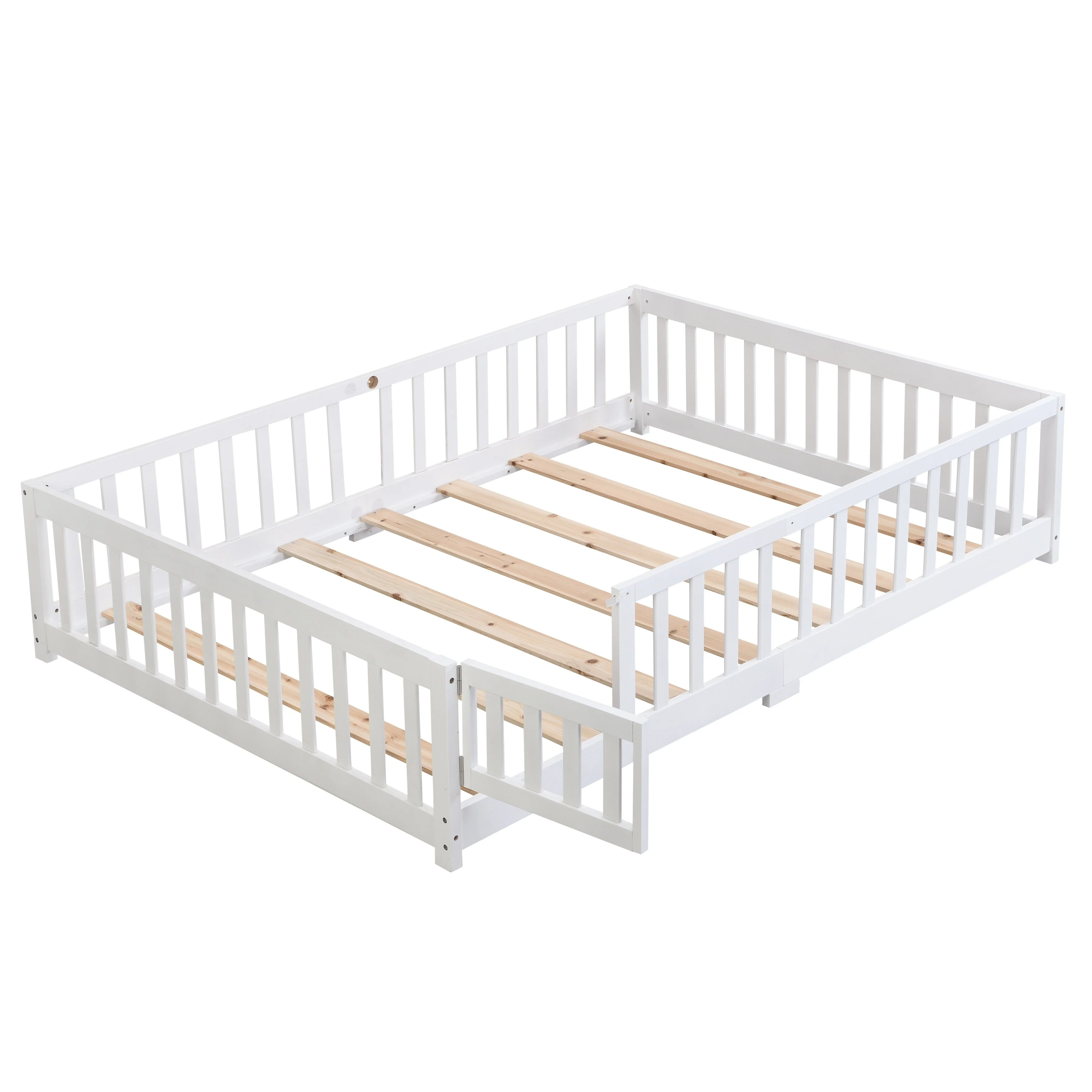 Full Size Floor Bed with Door,Solid Wood Platform Bed Frame with Fence,Suitable for children,Pine Wood,White