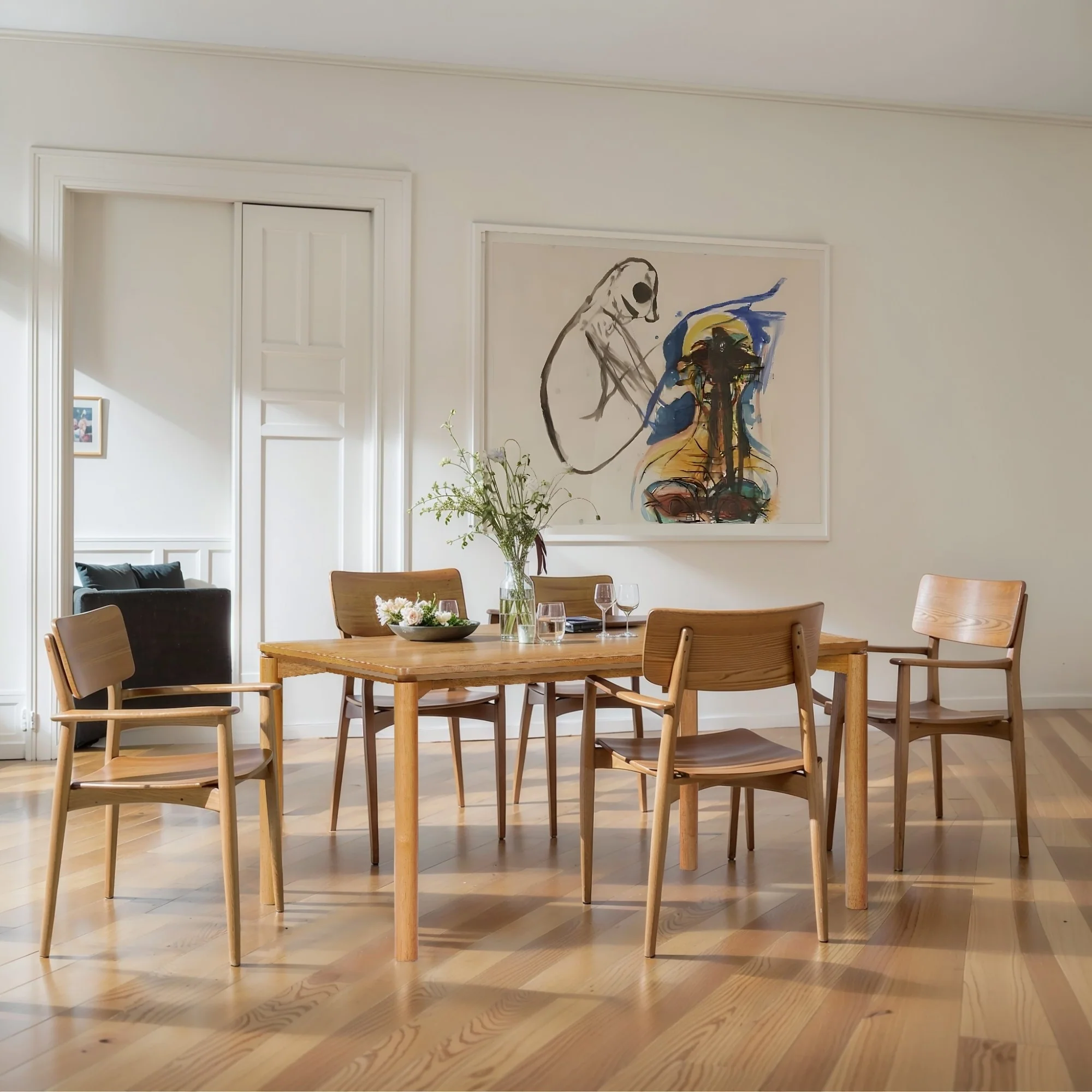 Oak Veneer MDF Wood 6-Person Rectangle Dining Table with Rubberwood Legs - 59.06 Wide