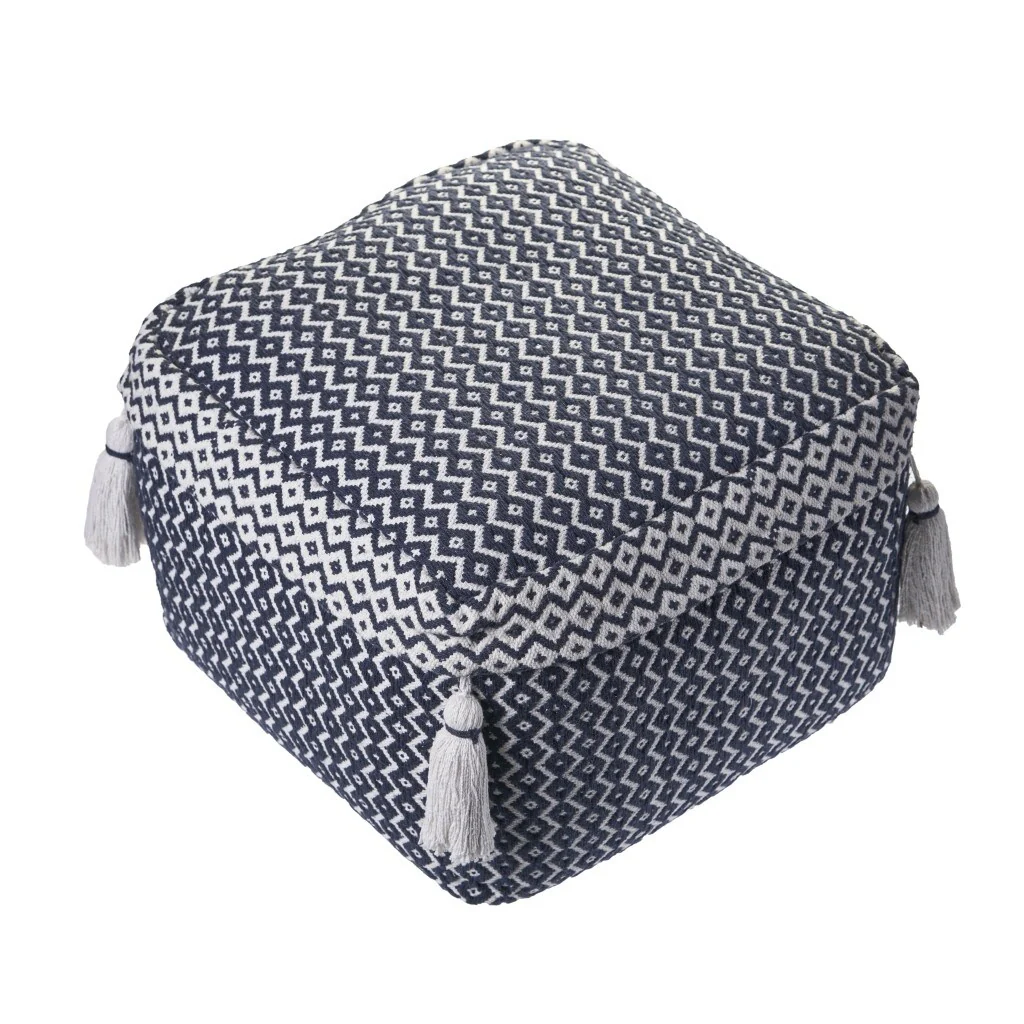 Blue Cotton Pouf Ottoman 18 Inch Geometric Pattern Seat or Footrest