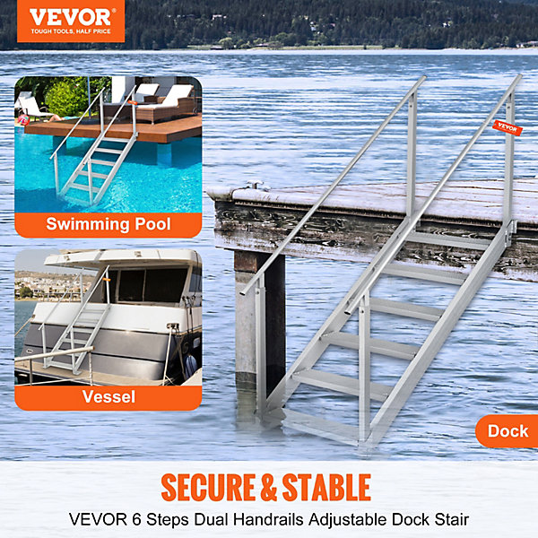 Echelle de ponton, hauteur réglable 109-130 cm, 6 marches aluminium, charge 226 kg. Pour bateaux, piscine.