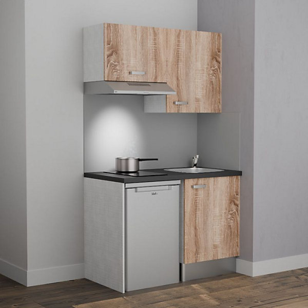 Kitchenette K01 - 120 cm - Façades : Bois - Plan de travail : Noir texturé - Crédences : Non - Evier Inox