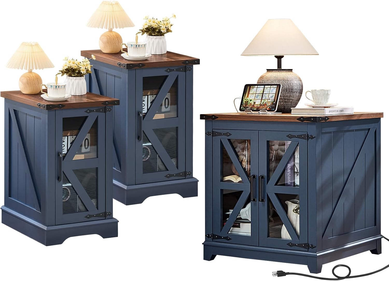 Farmhouse End Table Set 3, Narrow 18'' Night Stand with Glass Barn Door, 24 Square Side Table with Charger Station, Living Room Furniture Sets, Wood Nightstand Bedside Tables for Bedroom