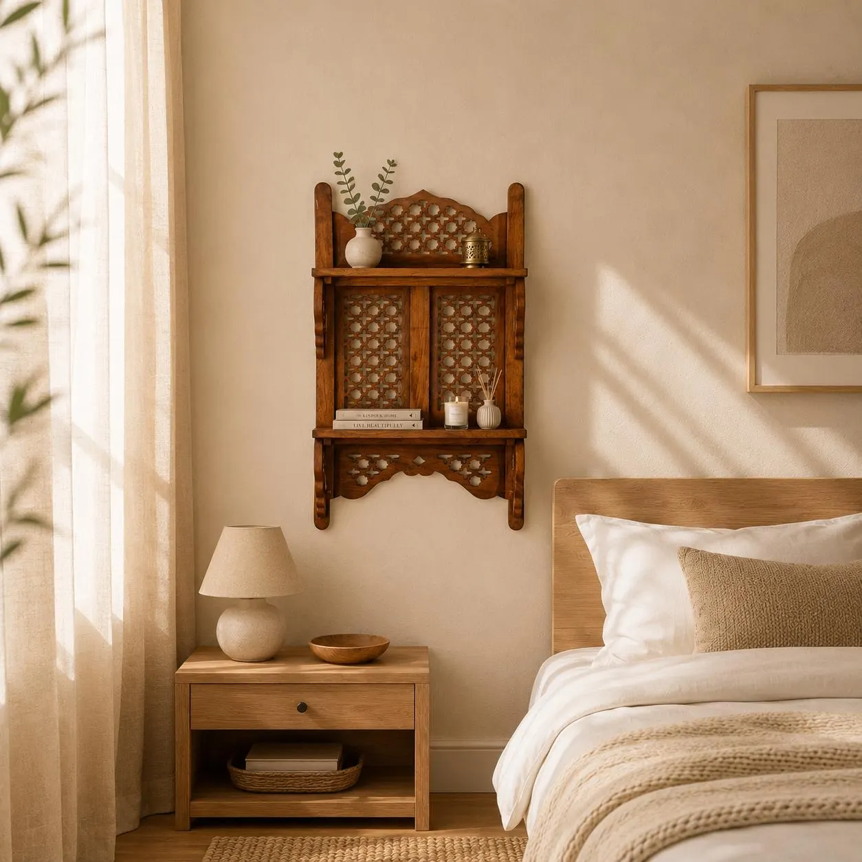 Handcarved Wooden Wall Shelf, Double Tier Floating Jali Rack, Moroccan Wall Art, Live Edge Trinket Shelf & Home Decor