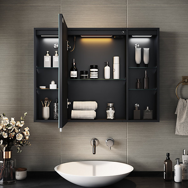 Armoire de toilette SIRHONA Grand Rangement 60x75 cm   Interrupteur tactile   Température LED tricolore   Anti-buée   Prise rasoir