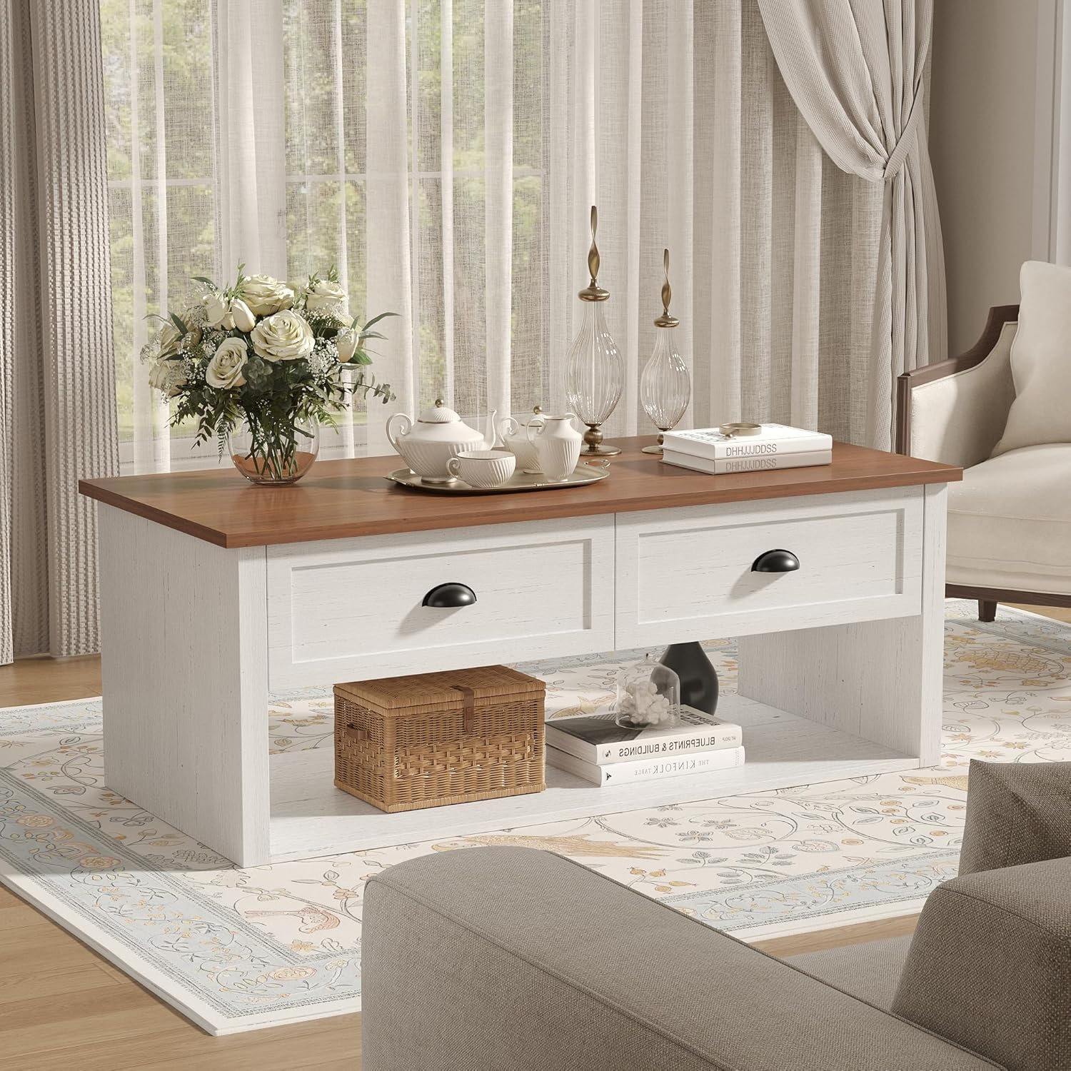 Farmhouse Coffee Table with Storage,62.6 Wide Rustic Center Table with Hidden Storage Compartment, Wood Dining Table for Living Room,Office,Antique White