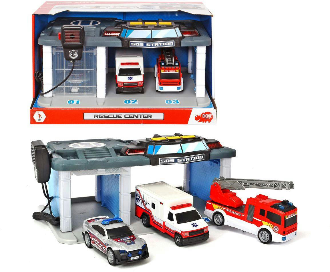 Dickie Toys Police, Fire & Ambulance SOS Rescue Station Toy Playset w/ Microphone, Ages 3+