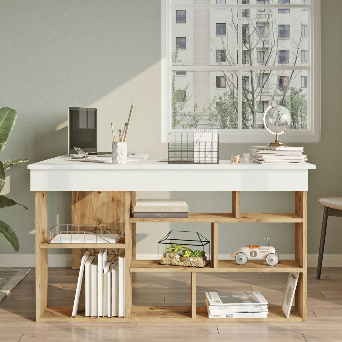 Bureau d'angle blanc décor bois à niches de rangement MARFA