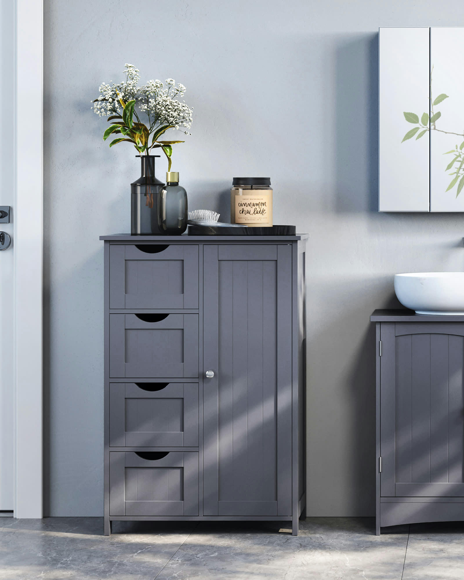 - Meuble salle de bain avec 4 tiroirs effet bois gris foncé