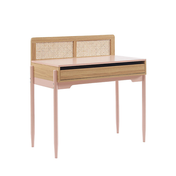 Lilou - Bureau enfant 1 tiroir en bois et cannage H95cm - Rose