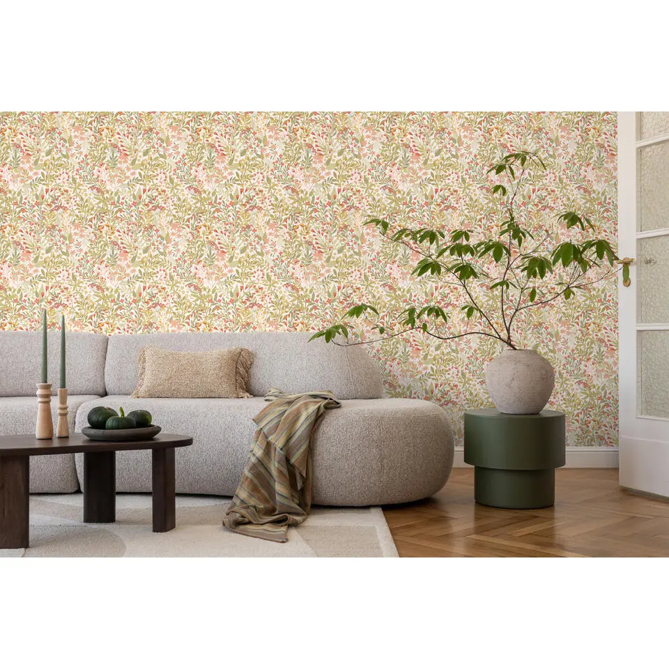ESTAhome behang veldbloemen groen, roze en okergeel - 50 x 900 cm