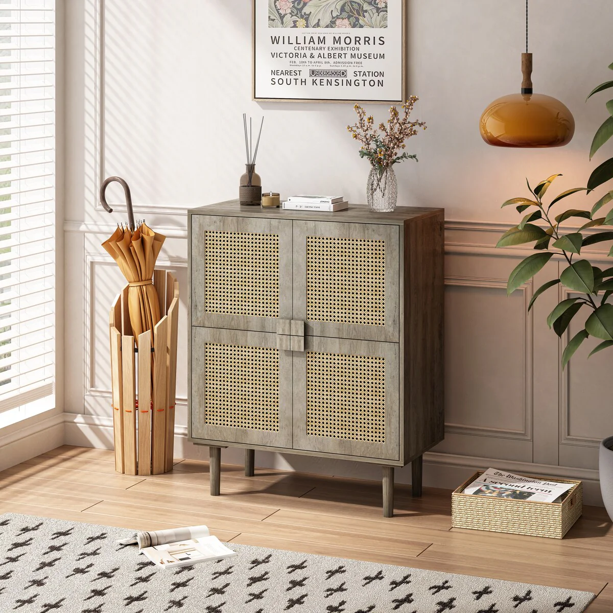 4-Doors Rattan Mesh Storage Cabinet,Sideboard with Eight Storage Spaces, for Entryway, Living Room, Hallway