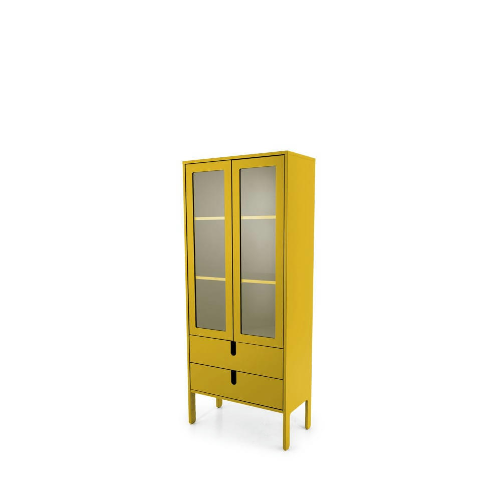 UNO - Vitrine en bois 2 portes 2 tiroirs H178cm jaune moutarde