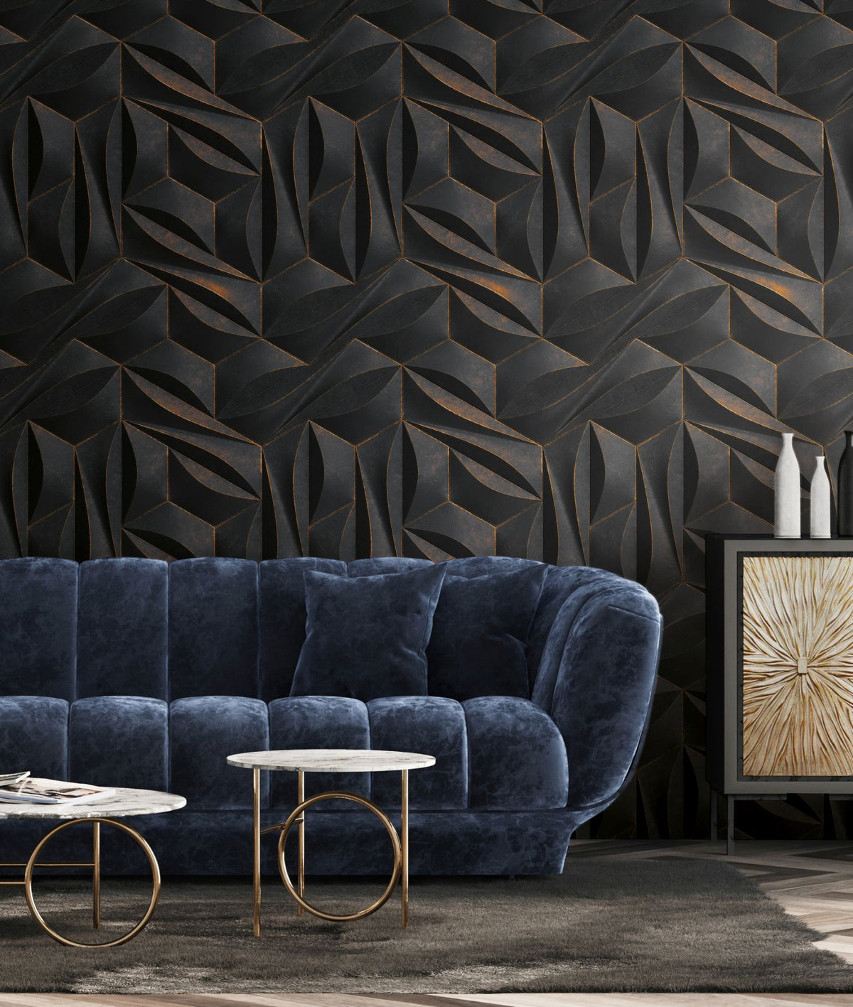 Livingwalls fotobehang 3D-motief antraciet grijs en goud - 159 x 280 cm - AS-391791