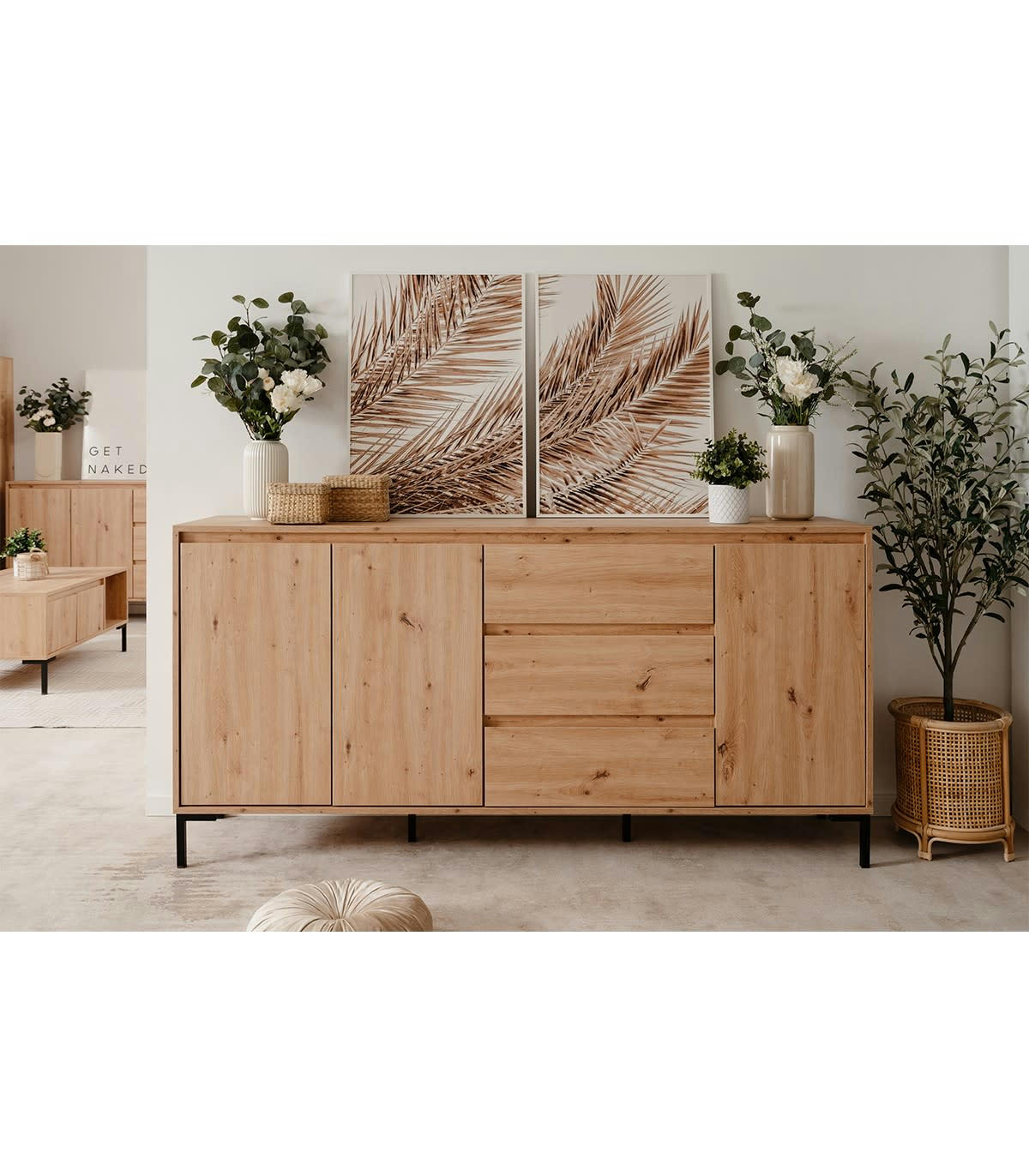 PLOCK - Buffet 3 portes 3 tiroirs et 2 étagères effet bois - L170 x H87 cm