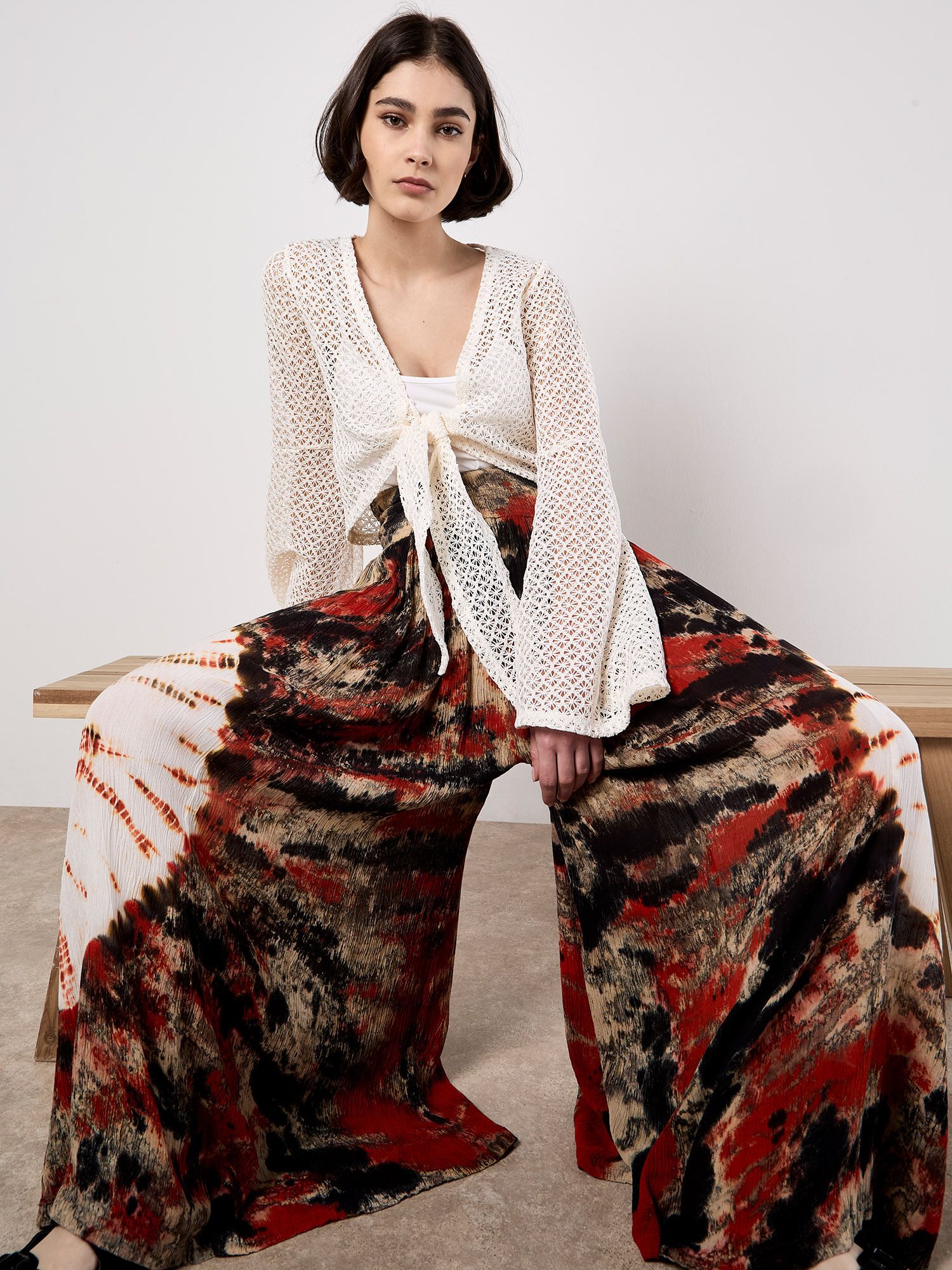 Apricot Tie-Dye Textured Palazzo Trousers