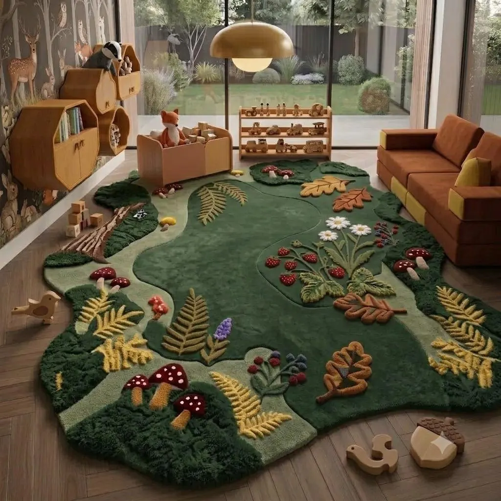 Hand-Tufted Woodland Forest Wool Rug, Sculptural Moss Green Botanical Area Rug, Cottagecore Mushroom Carpet, Whimsical Nature Decor