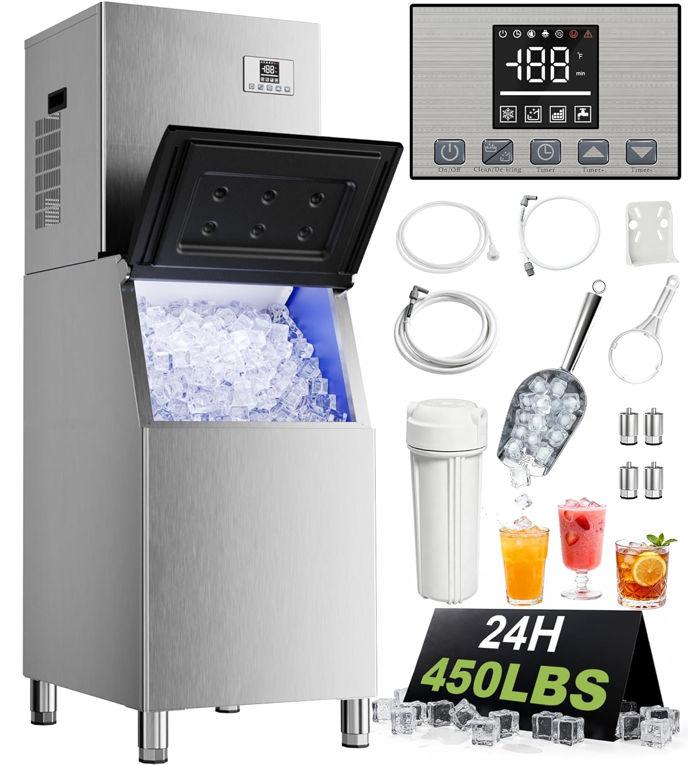 Landeagle Commercial Ice Maker Machine 450Lbs/24H with 250Lbs Storage, Self-Cleaning Mode, Industrial Ice Machine, Ice Ready in 7-15 min, Stainless Steel Ice Maker for Bar/Cafe/Restaurant/Businessss