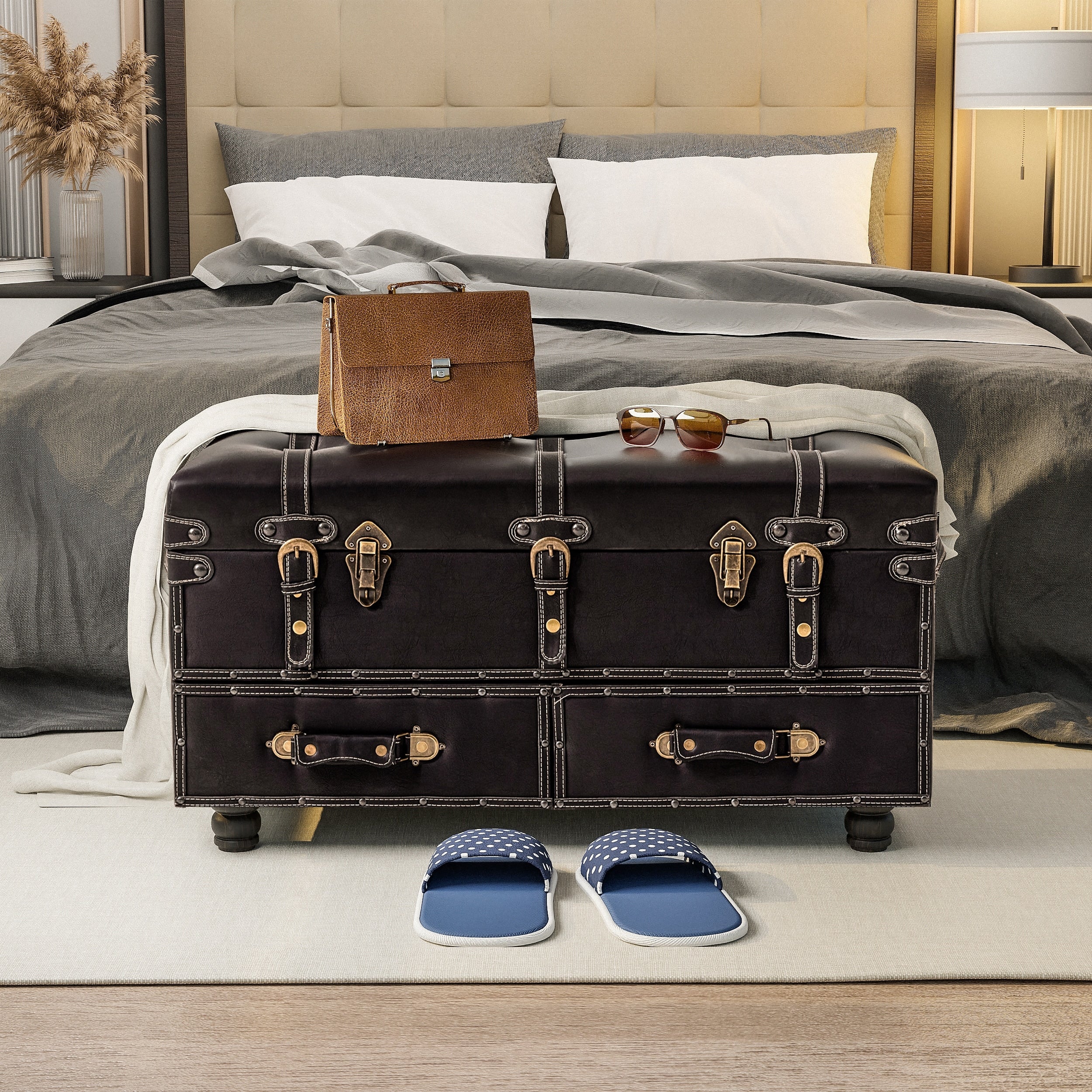 COZAYH Vintage Storage Ottoman Bench, Chest Cabinet with Latch Closure and Buckle for Bedroom Closet Home Organizer Decorative