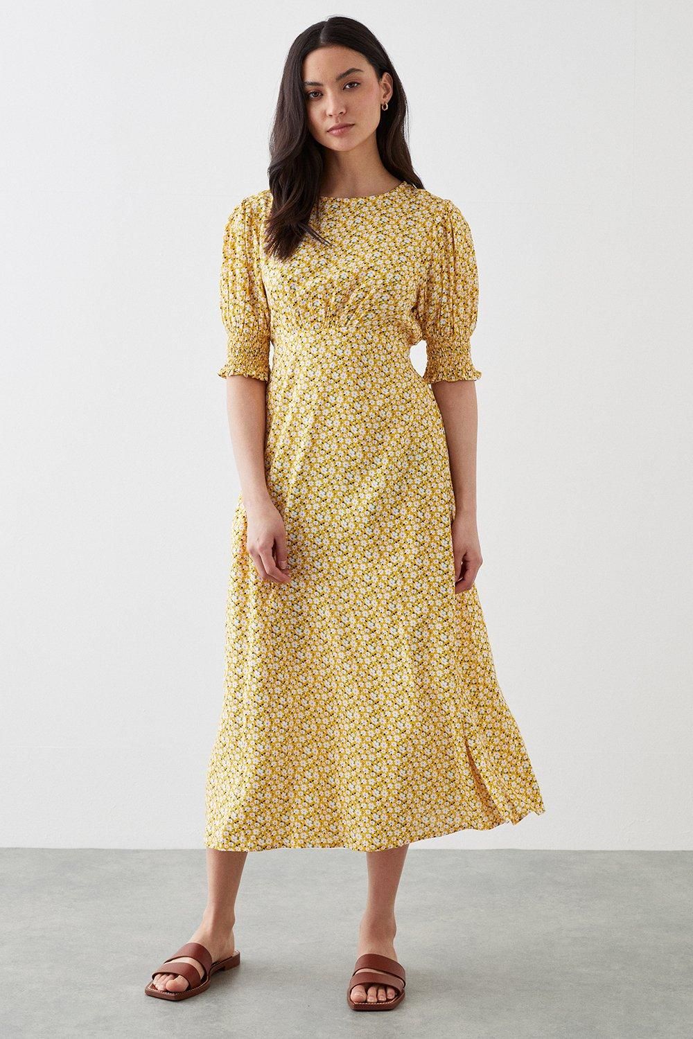 Dorothy Perkins Petite Yellow Ditsy Shirred Cuff Midi Dress