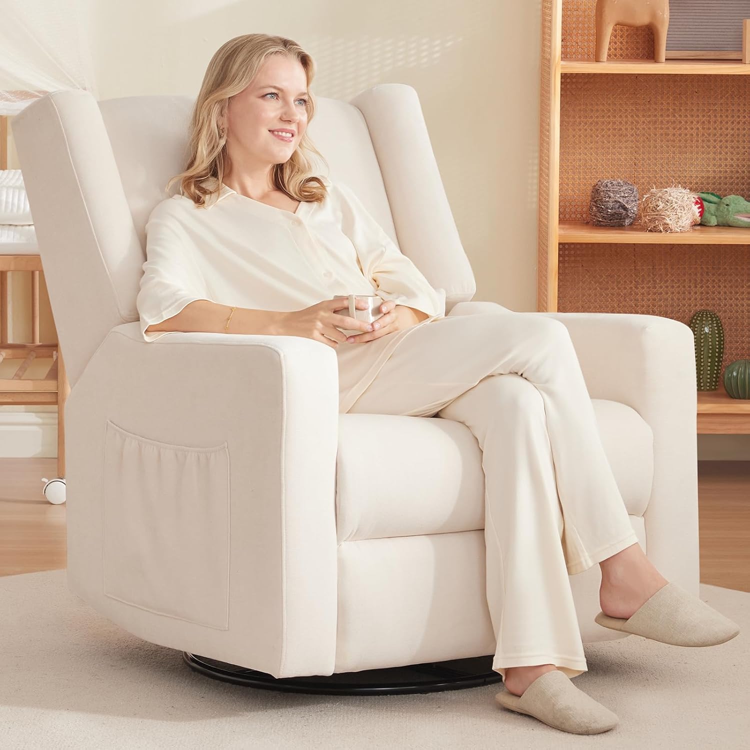 Tbfit 360° Swivel Recliner Chair,Nursery Rocking Chair with Lumbar Support for Bedroom, Comfy Upholstered Armchair with Pillows & Footrest for Living Room (Hidden Ring Handle, Beige)