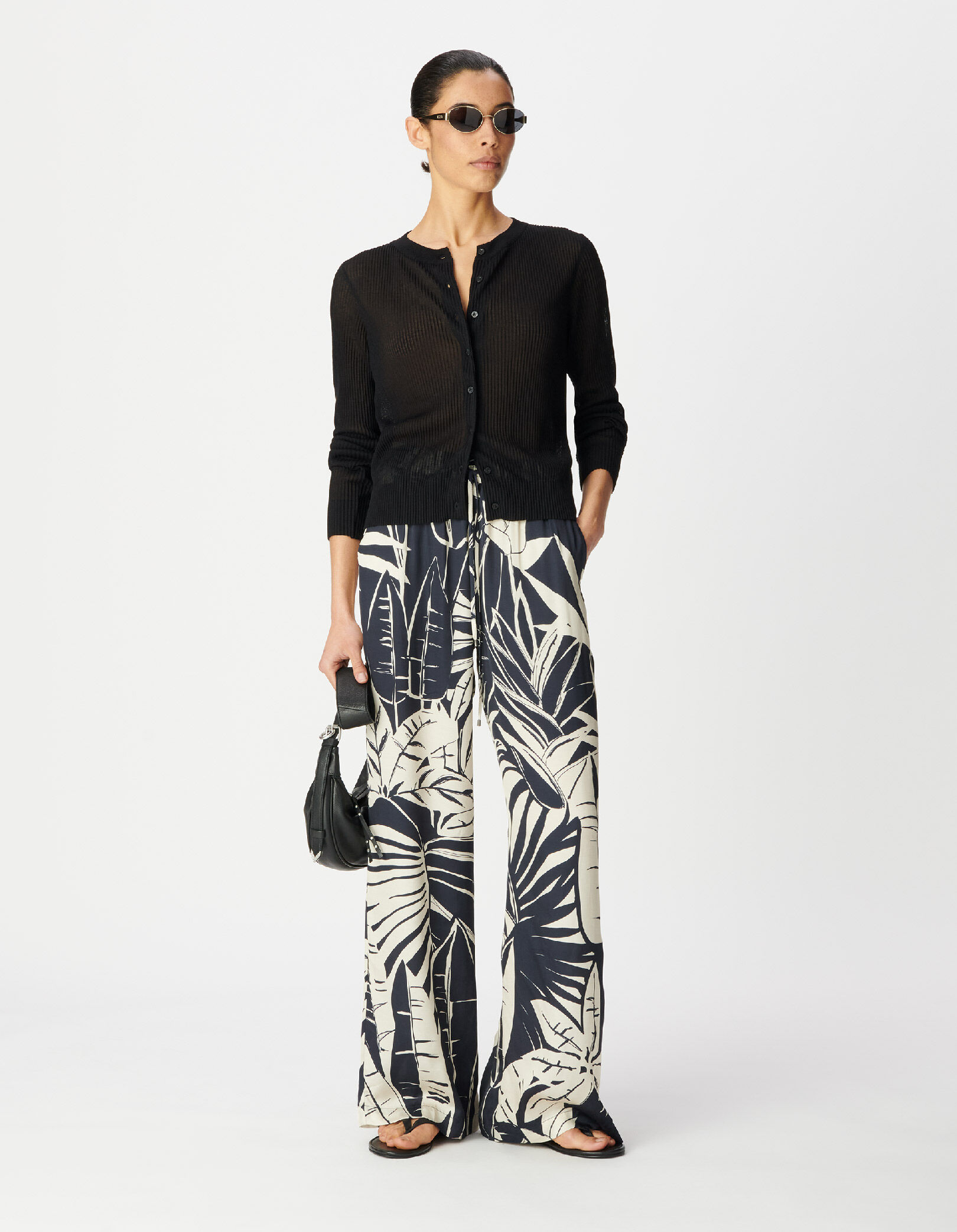 Pantalon large marine satiné imprimé maxi feuilles Femme
