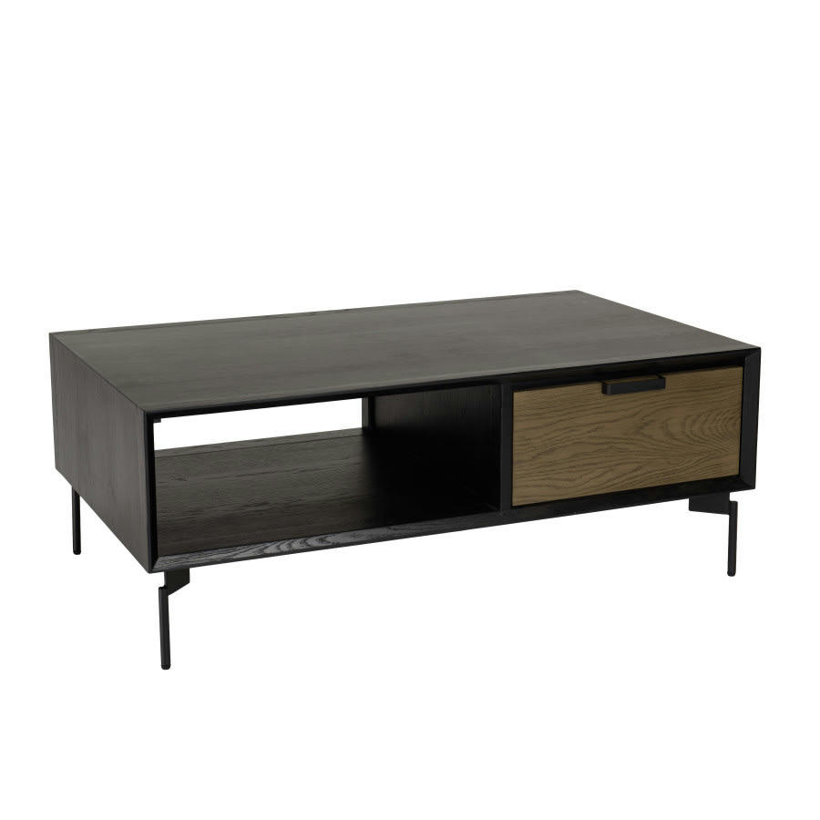 ALMA - Table basse noire 1 niche 2 tiroirs marron foncé pieds métal