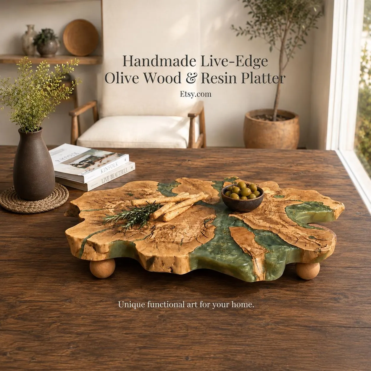 Custom Size & Color Live Edge Olive Wood Cheese Board - With Wooden Legs Large Serving and Display Board, Cloud Shape Charcuterie Tray