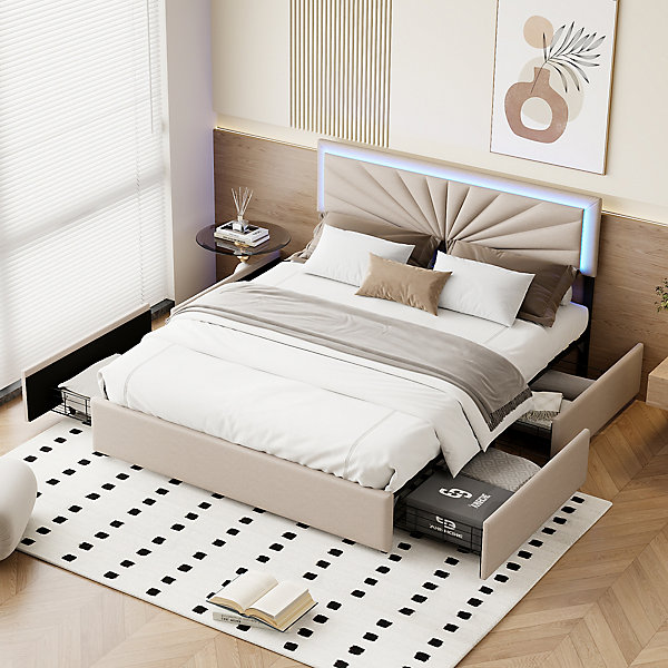 Lit coffre 140x200 cm en tissu beige avec 4 tiroirs, tête de lit LED, rangement intégré, lit double moderne (sans matelas)