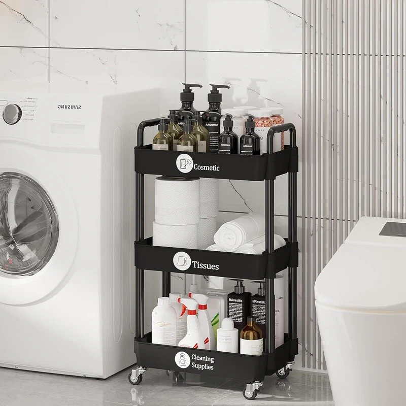 3 Tier Kitchen Storage Cart Multifunctional Rolling Storage Hanging Cabinet Mobile Shelving Cart with Lockable Wheels