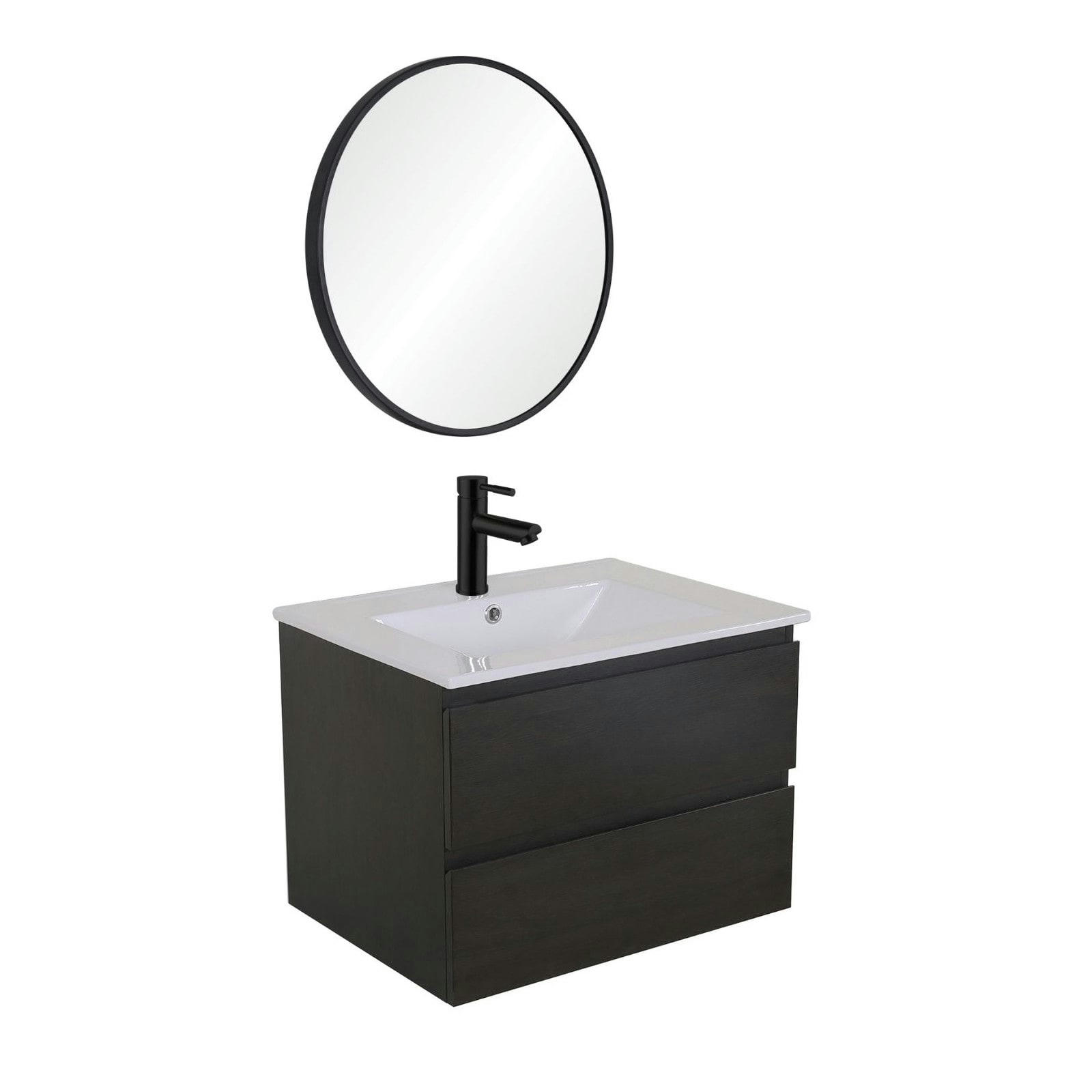 SORRENTO - Meuble simple vasque 60cm  Noir + vasque + robinet noir + miroir