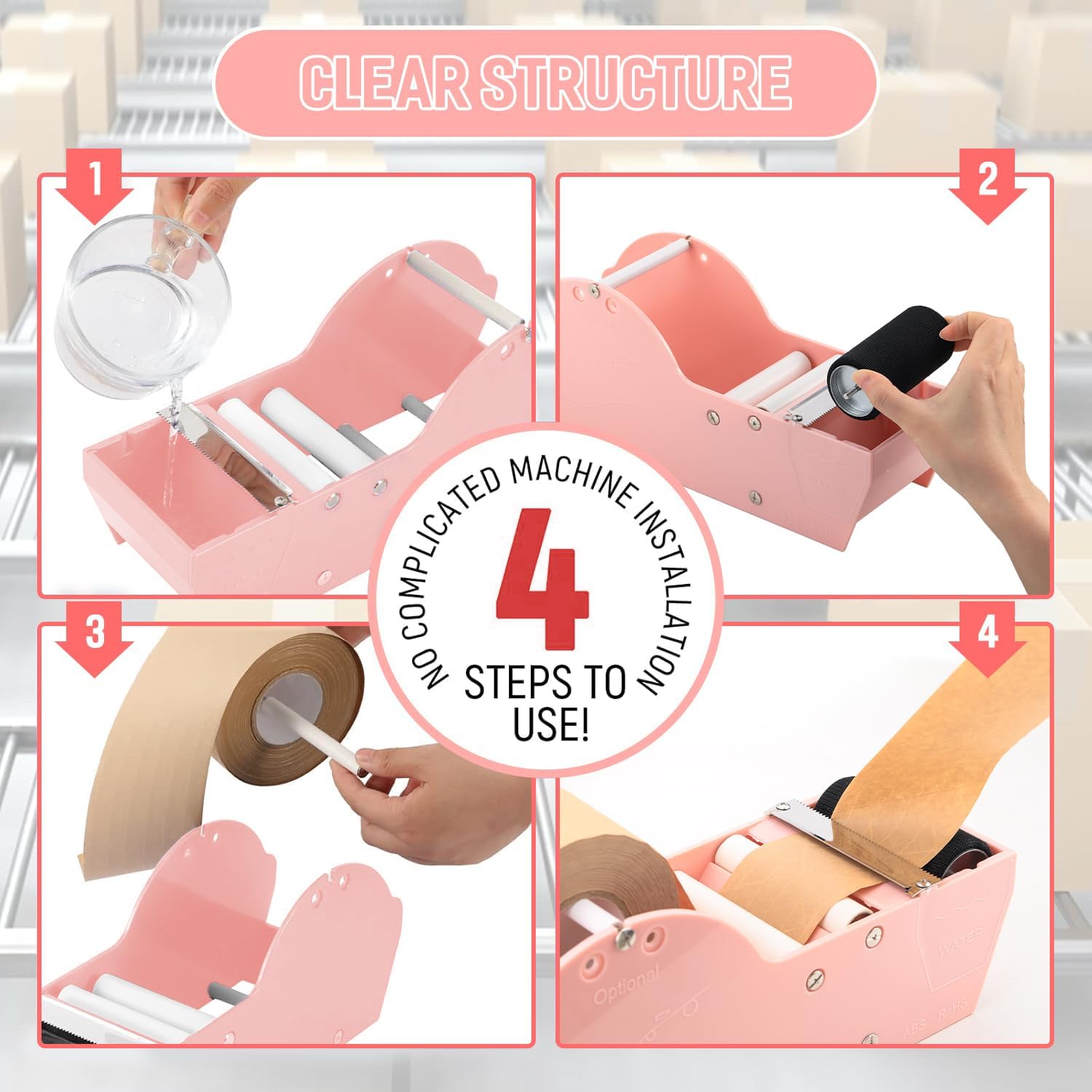 Water-Activated Tape Dispenser, Manual Kraft Gum Tape Dispenser, Width Adjustable 1.18-3.15, Light Weight & Portable Packing Tape Dispenser Set, Light Pink