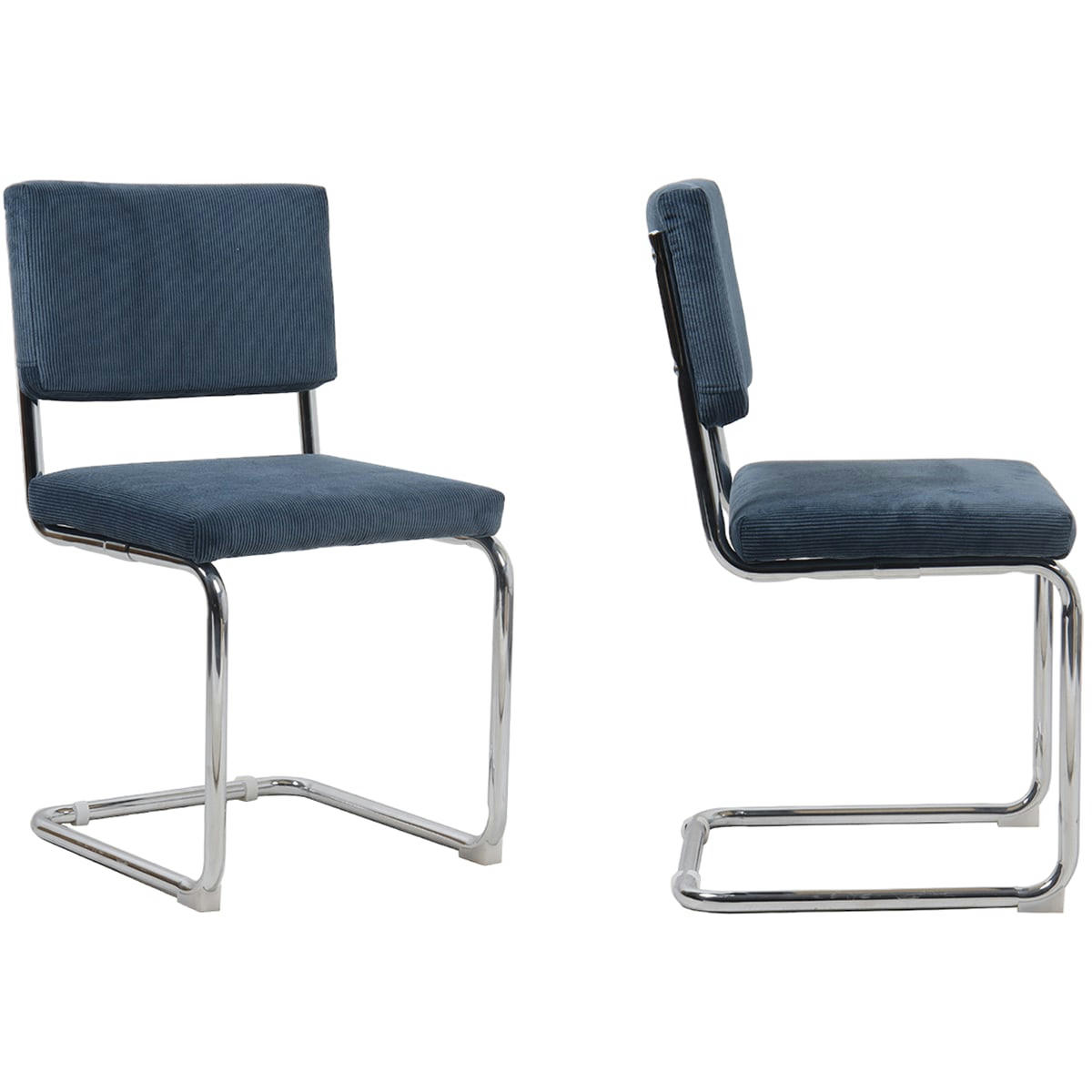 DULCE - Lot de 2 chaises en velours côtelé bleu et métal chromé