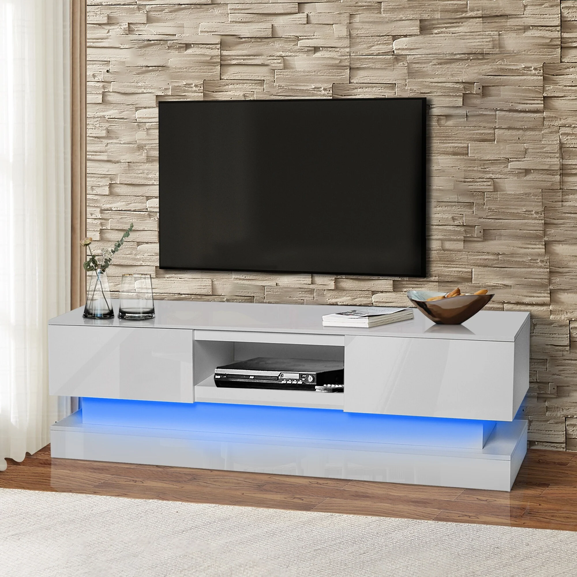 White 51 TV Stand with Drawers & LED for TVs Up to 65