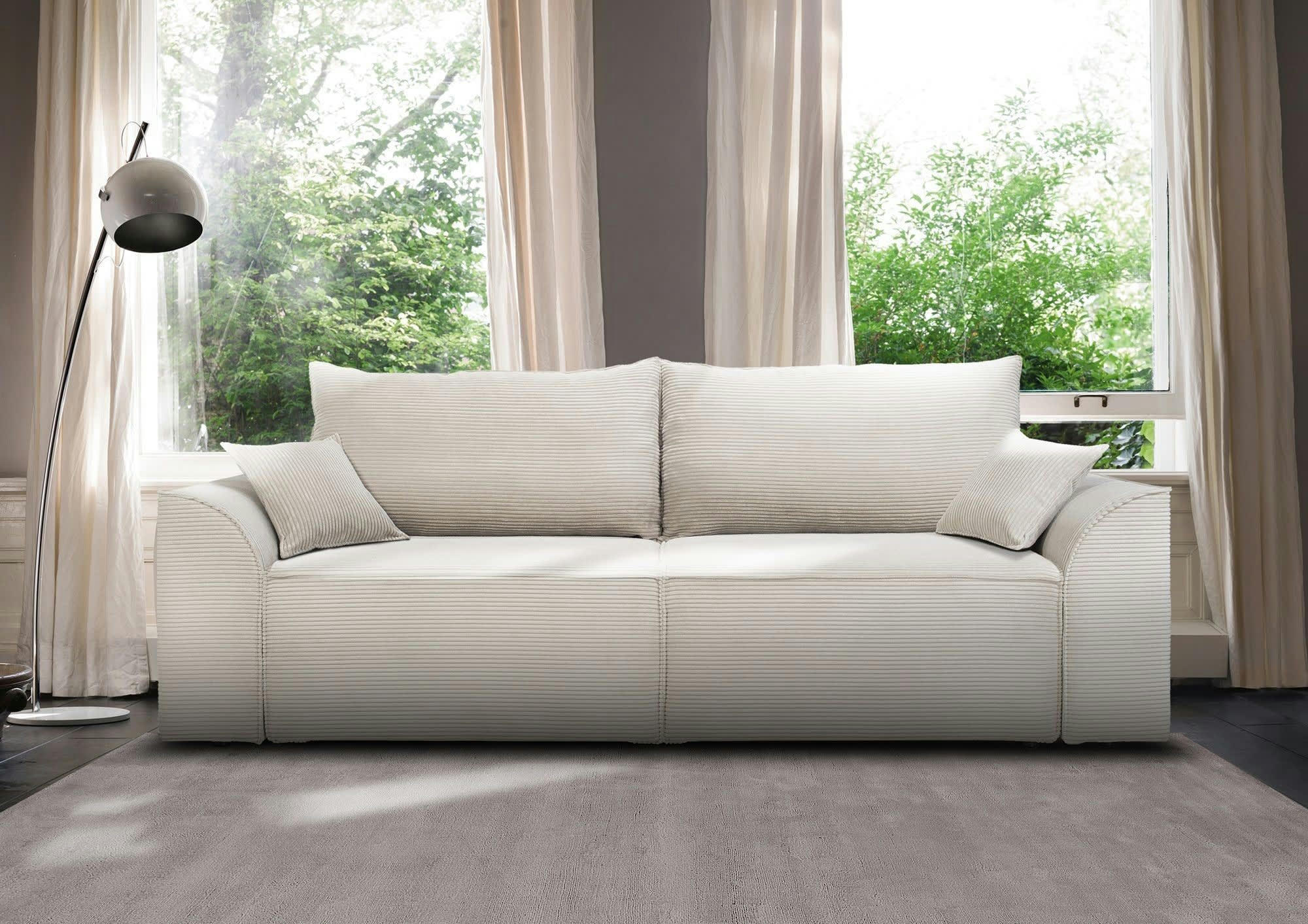 ALPHA - Canapé droit convertible 3 places  en velours côtelé beige