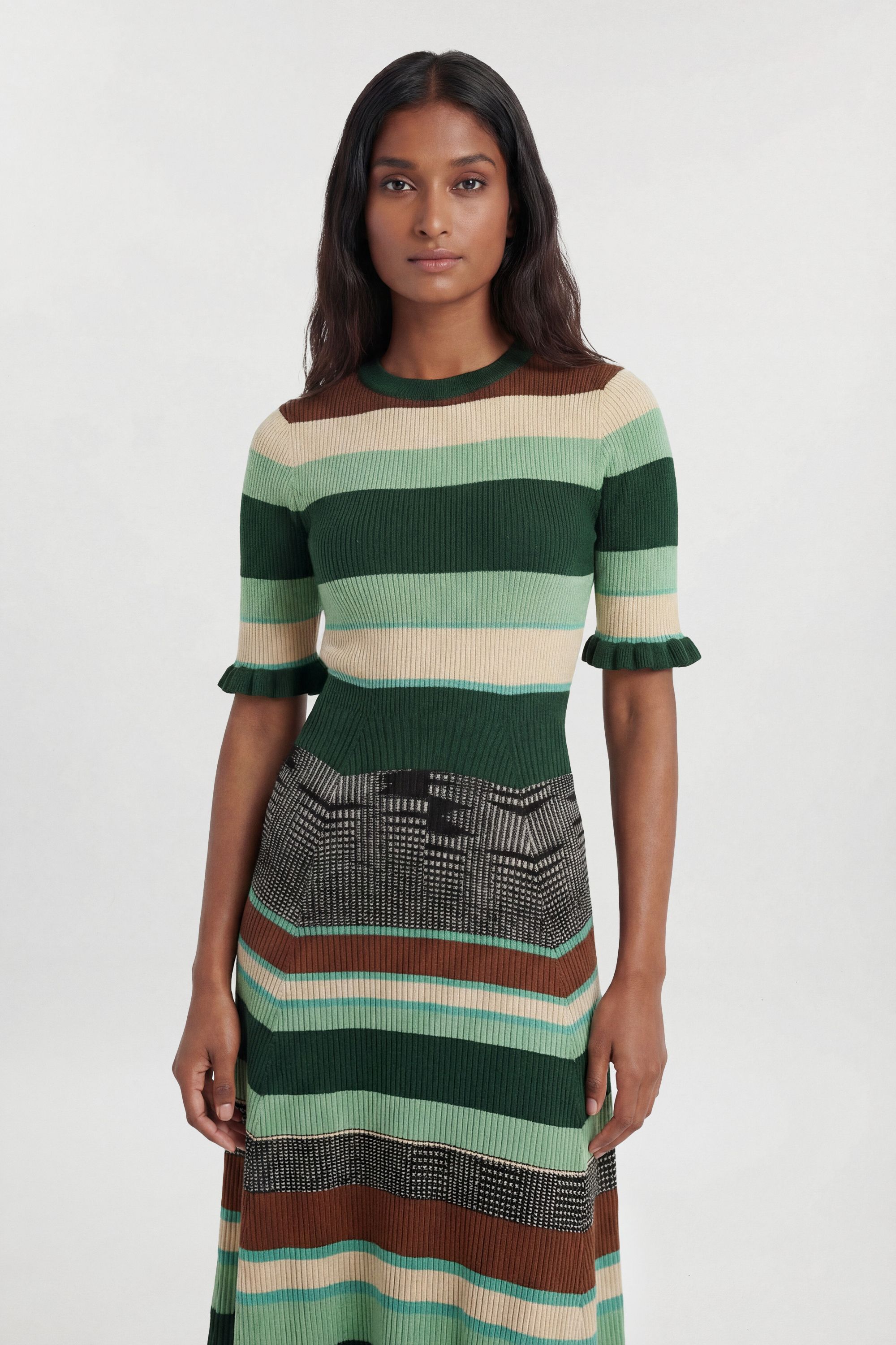 KarenMillen Petite Knit Jacquard Stripe Detail Short Sleeve Midi Dress