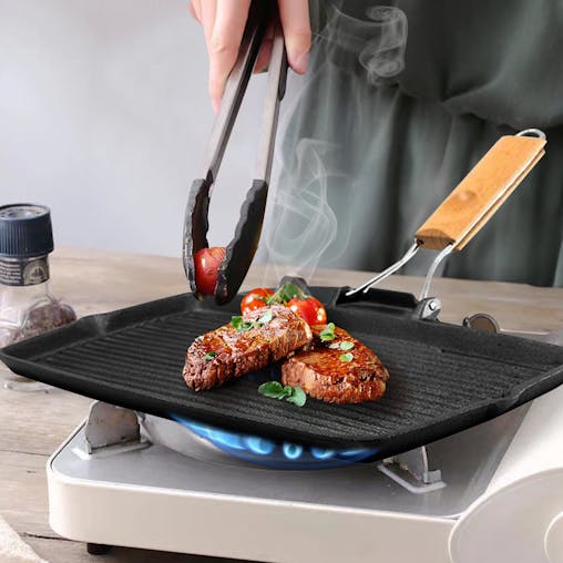 SOGA 2-Pack 20.5cm Rectangular Cast Iron Griddle Pans with Folding Wooden Handles