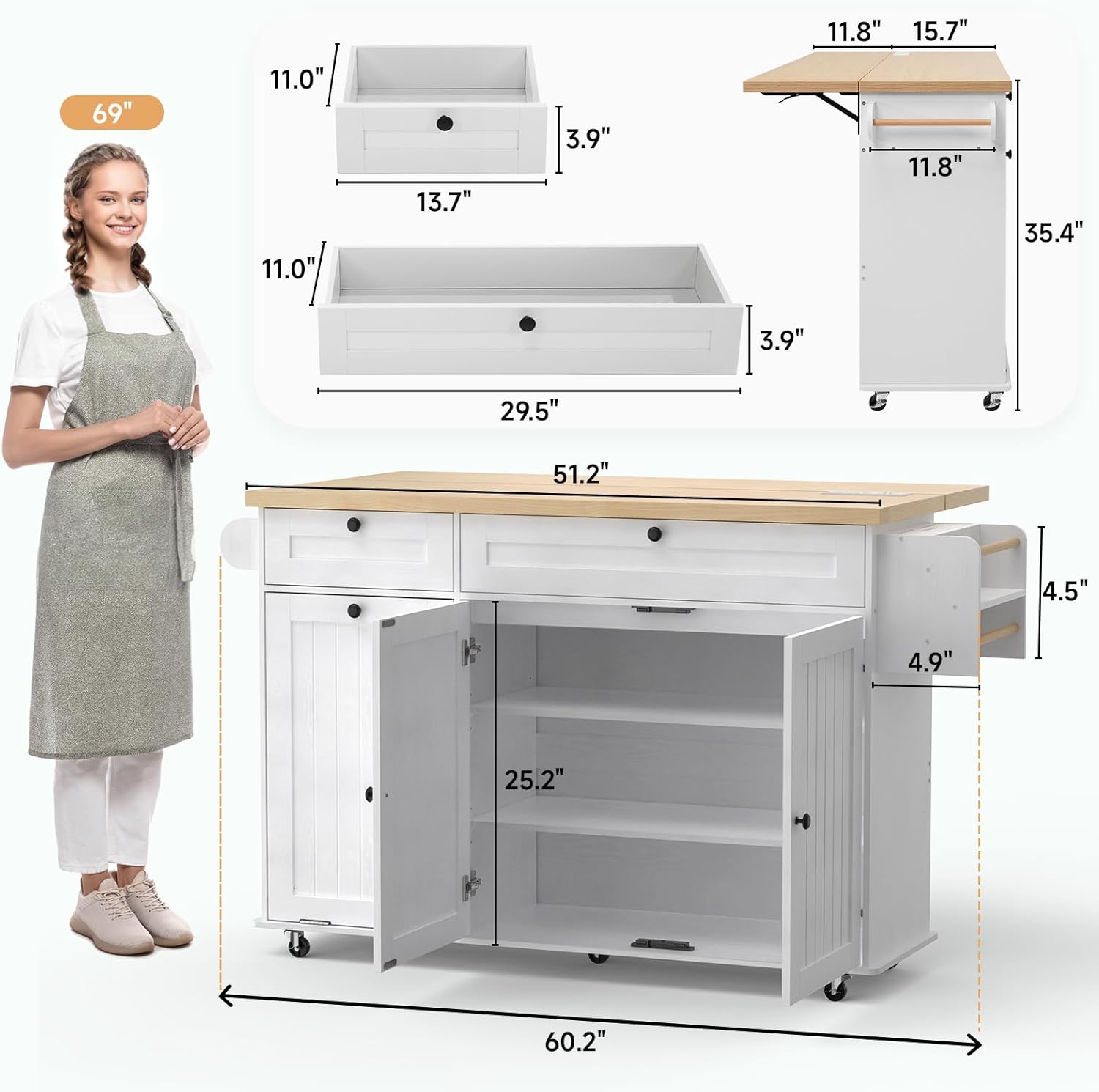60 Kitchen Island with Power Outlet & Drop Leaf, Kitchen Rolling Island with Spice Rack & Towel Rack, Knife Holder, Kitchen Island Cart with Trash Storage Cabinet, Mobile Island Table for Kitchen
