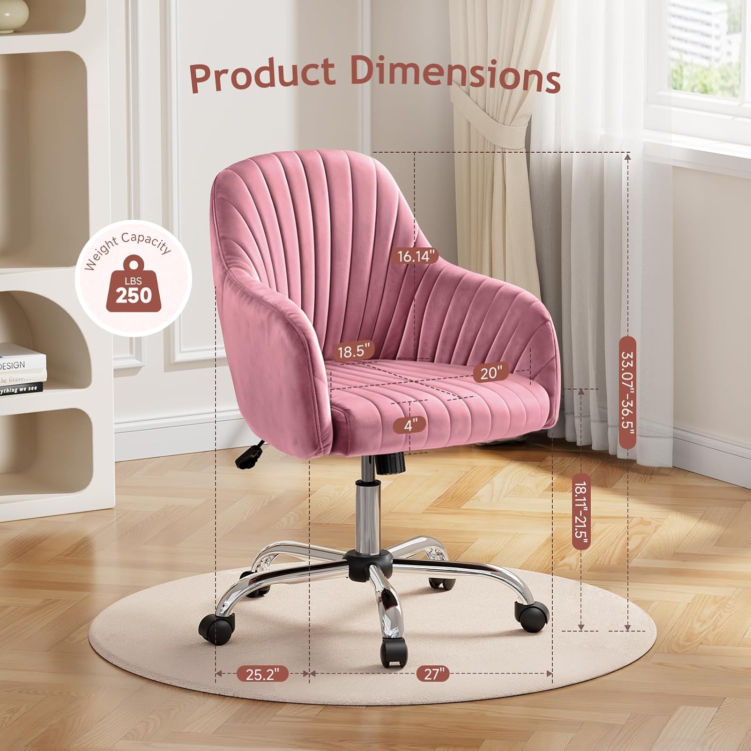 Warmiehomy Office Chair, Velvet Desk Chair for Home Office, Cozy Vanity Chair, Girl Cute Makeup Chair with Arm Rest for Bedroom Dressing Room (Dusty Rose)