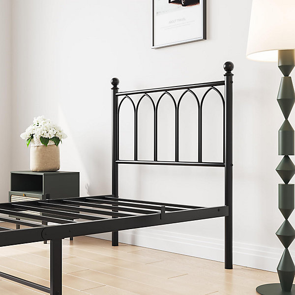 Lit 90x200 cm cadre metal noir avec tete et pied hauts, lattes acier robustes et rangement sous lit 27 cm