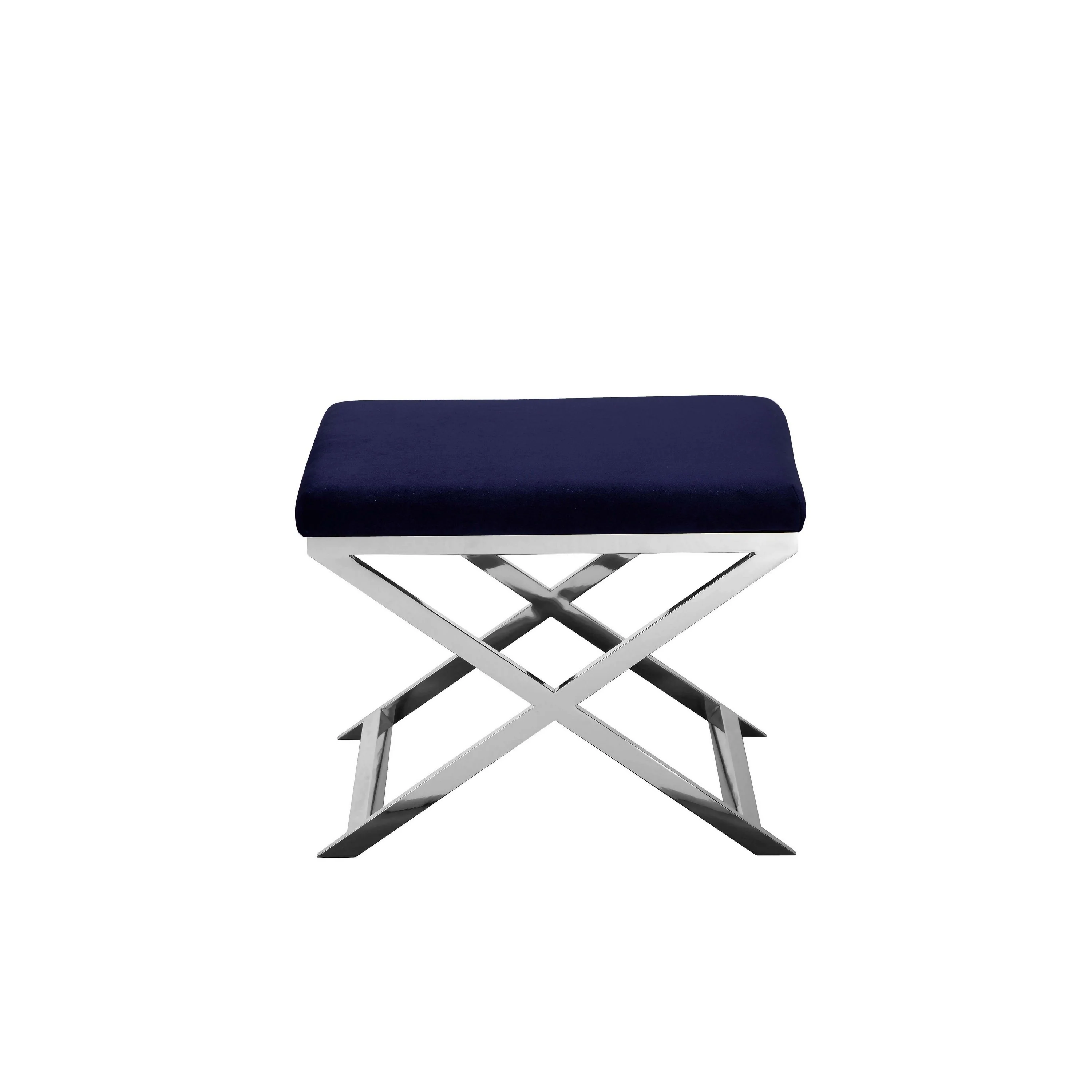 Sovi 20 Inch Accent Stool Ottoman, X Shape Steel Legs, Navy Blue Velvet